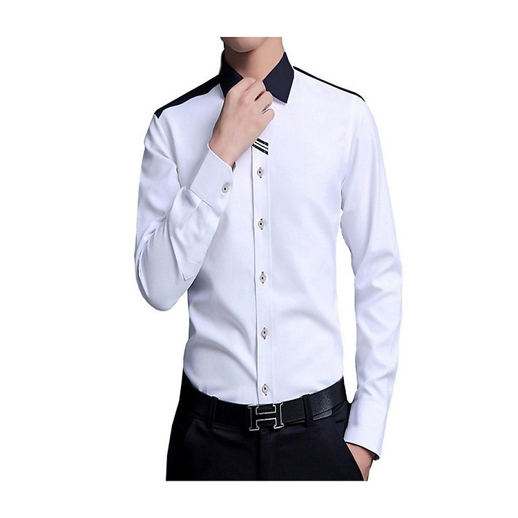 áo sơ mi nam trắng họa tiết cổ đen