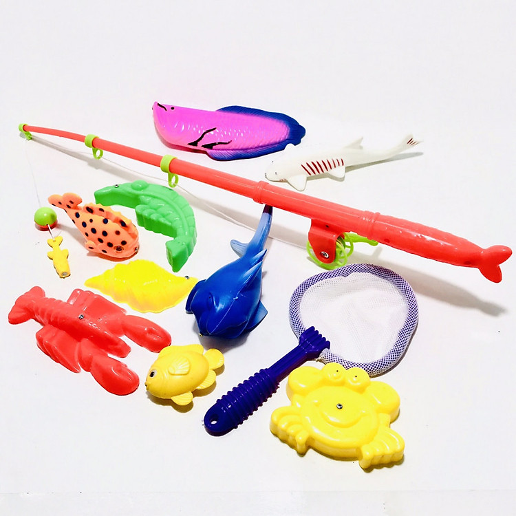 Đồ Chơi Câu Cá Nước Nhựa Việt Nam 1 Cần Câu Lớn + Vợt + 9 Cá