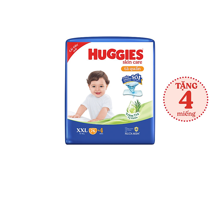Tã/bỉm quần Huggies Skin Care Mega Jumbo XXL76+4 miếng với tràm trà dịu da