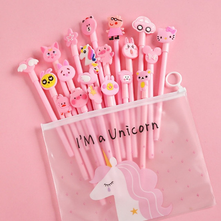 Set 20 bút bi nước cute nhiều màu nhiều mẫu kèm túi
