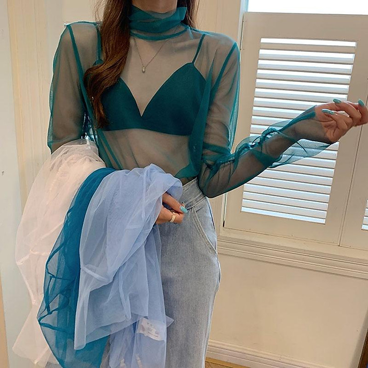 Áo lưới xuyên thấu tay dài cổ tròn thời trang cho nữ