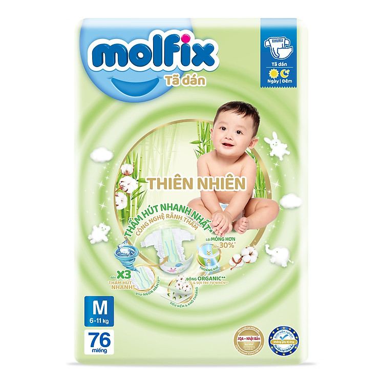Tã/bỉm dán Molfix Thiên nhiên Super Jumbo M (6kg - 11kg) - Gói 76 miếng