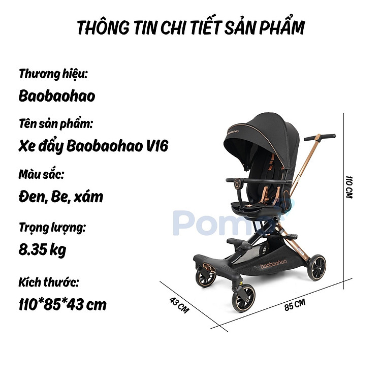 Xe đẩy Baobaohao V16 cho bé - Màu Xám Chính hãng Giá tốt - Hình ảnh 2