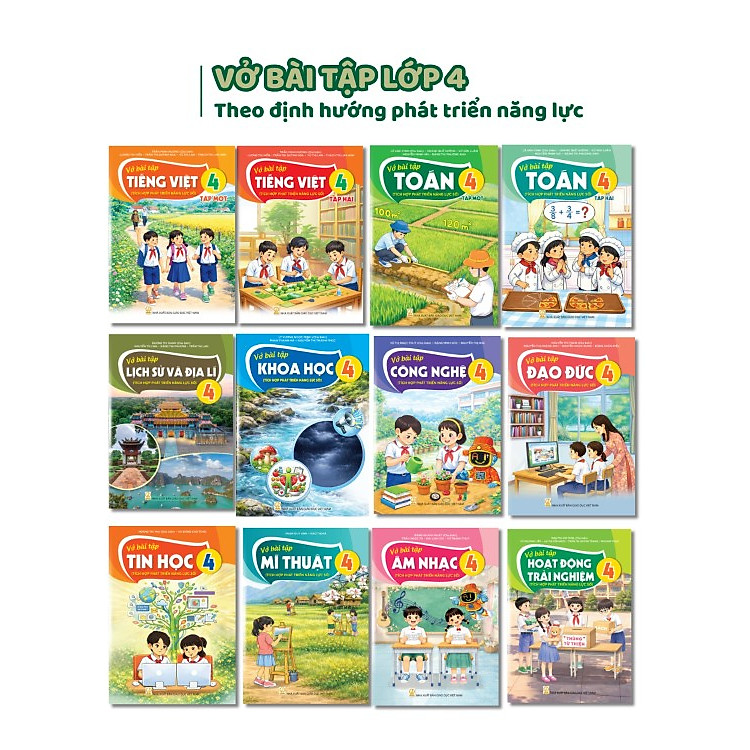 Bộ sách Vở bài tập Lớp 4- Tích hợp phát triển năng lực số (12 quyển- Kèm bìa nilong bao sách, nhãn tên)
