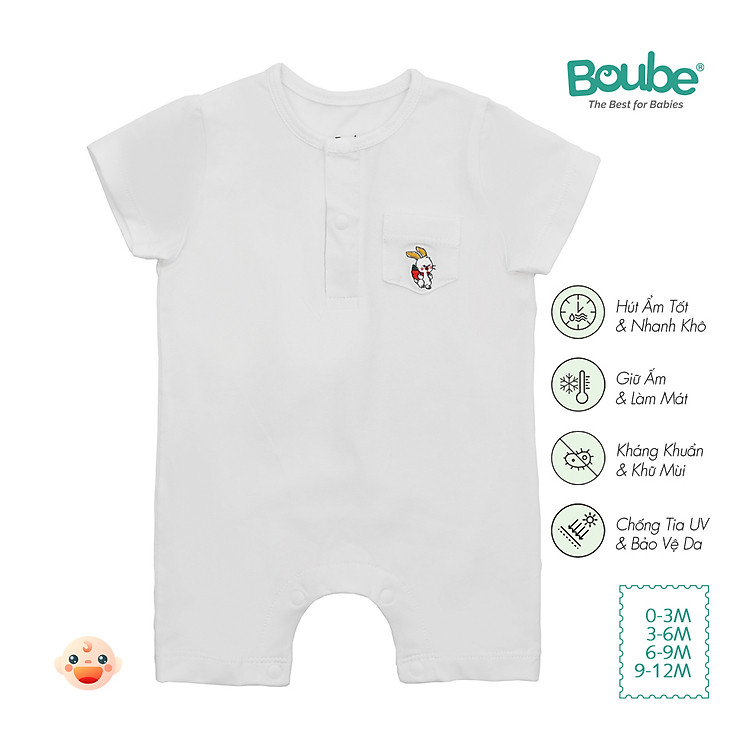 Bodysuit, bộ liền thân cộc tay cổ trụ cúc bấm màu trắng cho bé sơ sinh Boube, vải Cotton organic thoáng mát - Size 0-12M