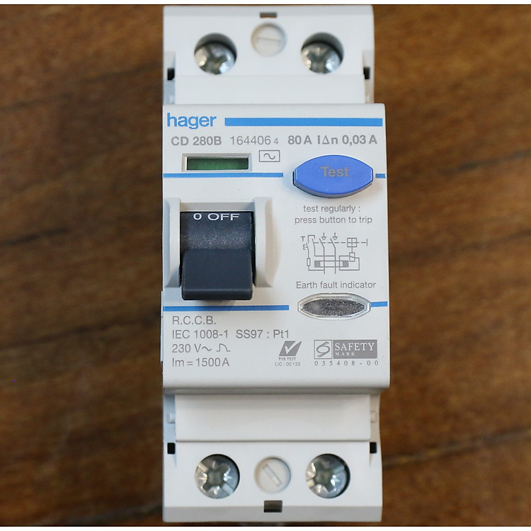 CẦU DAO CHỐNG GIẬT, BẢO VỆ QUÁ TẢI, NGẮN MẠCH VÀ CHỐNG RÒ HAGER CD280B 2 cực, 80A