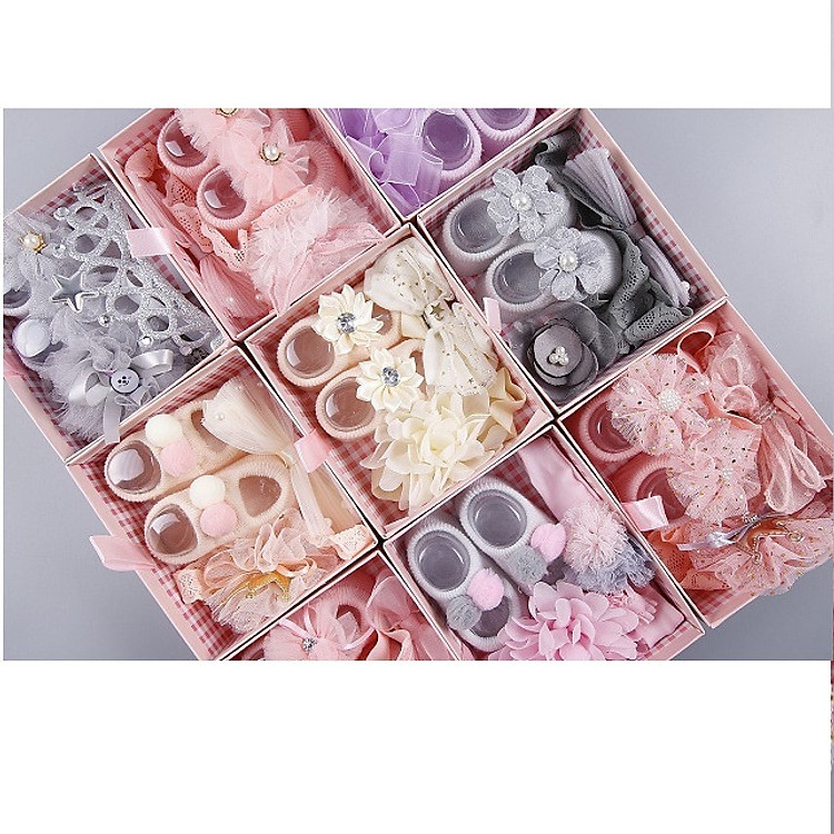 Bộ sản phẩm 2 chiếc băng đô cài tóc bằng thun và vớ chân cho bé gái từ 0-12 tháng tuổi