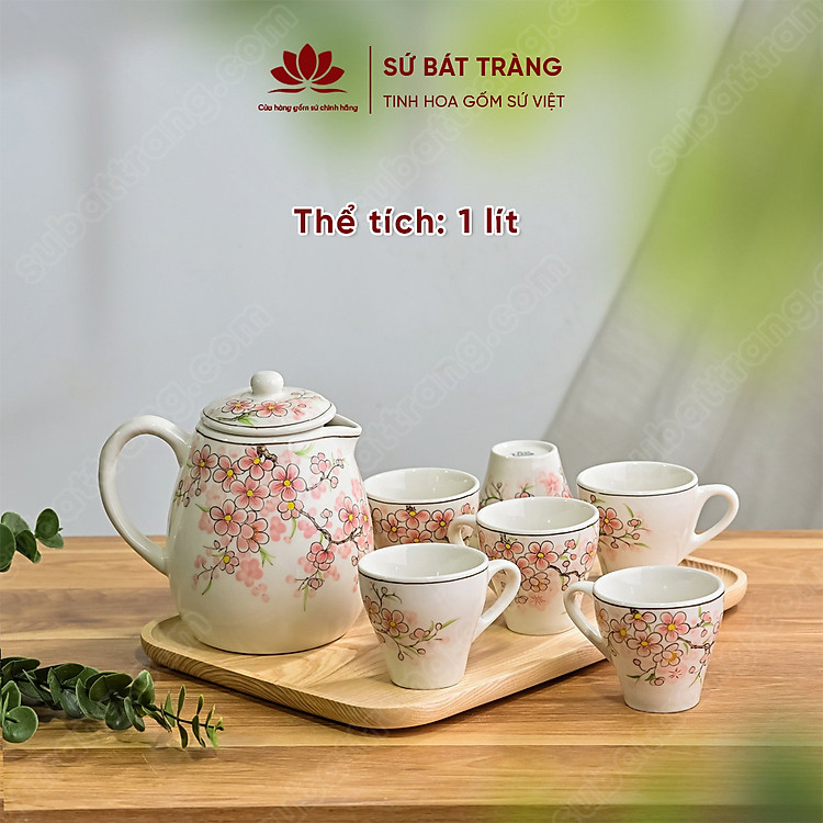 Bộ bình sứ đựng nước vẽ hoa đào hồng