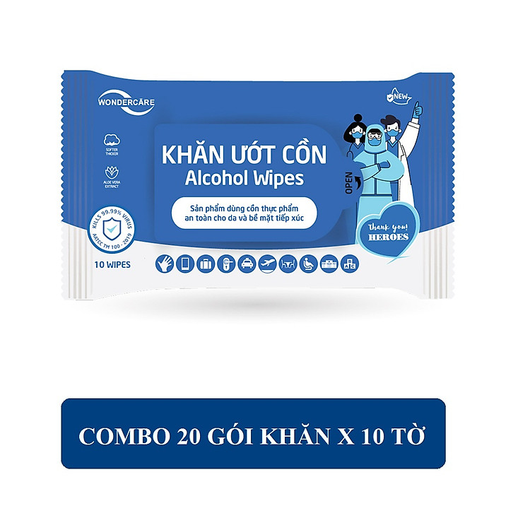 Combo 20 Gói Khăn Ướt Cồn Wondercare Kháng khuẩn 99,9 % 10 Tờ / Gói