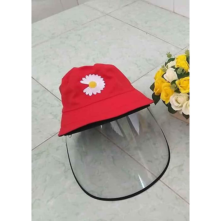 Mũ, nón vải thêu có tấm kính trong suốt chống dịch, chắn khói bụi- MẪU HOA CÚC(NHIỀU MÀU)