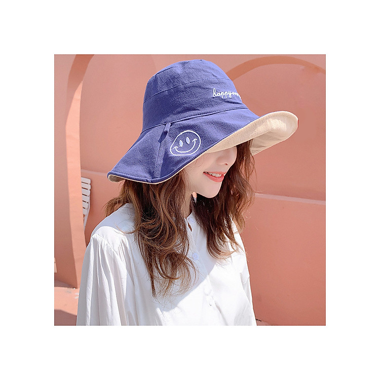 Mũ 2 mặt rộng vành chống nắng smile girl happy life nón nữ thời trang