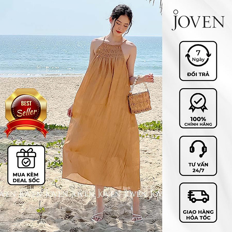 Đầm yếm maxi Shimmer sang chảnh lụa organza cao cấp JOVEN, thiết kế cổ nhún suông dáng dài, đi biển đi cafe đi tiệc