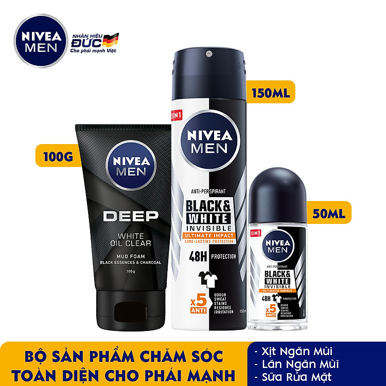 Bộ 3 Xịt và Lăn Ngăn Mùi NIVEA MEN Black & White Ngăn Vệt Ố Vàng Vượt Trội 5in1 ( Xịt ngăn mùi 150ml - 85388 và Lăn ngăn mùi 50ml - 85392) & Sữa Rửa Mặt NIVEA MEN DEEP Than Đen Hoạt Tính Hút Nhờn Sáng Da (100G) - 84415