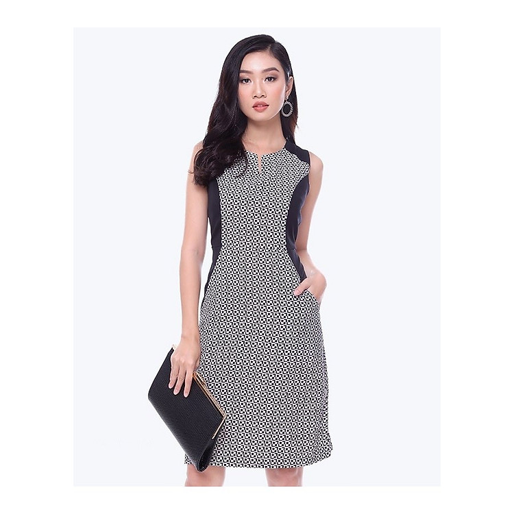 Đầm Công Sở Phối Họa Tiết TH An Thủy - 629 - Họa Tiết Đen