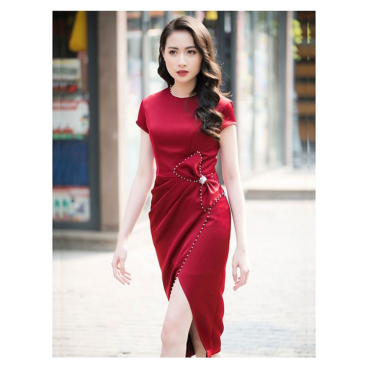 Đầm ôm cổ tròn tay ngắn tà xéo dự tiệc | đi làm