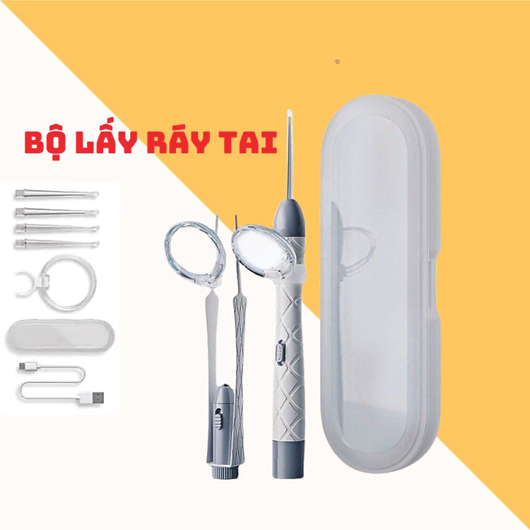 Bộ Lấy Ráy Tai, ngoáy tai có đèn kèm đầy đủ phụ kiện, Mới Nâng Cấp Nhẹ, An Toàn Không Đau, Thiết Kế Cho Em Bé Tặng kèm 4 đầu ngoáy tai