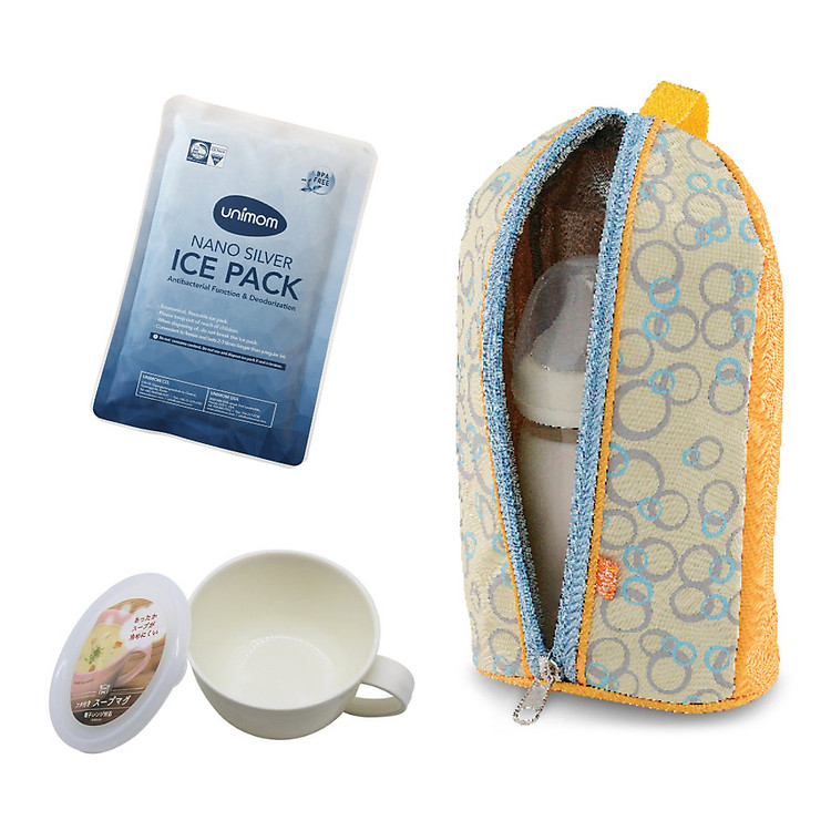 Túi giữ nhiệt đơn kèm đá khô unimom và cốc cháo/súp cho bé (màu ngẫu nhiên)