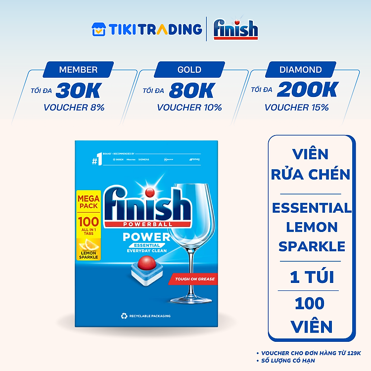 Viên Rửa Chén Bát Hương Chanh Finish Powerball Power Essential Lemon Sparkle - Túi 100 viên siêu tiết kiệm - 1 Túi