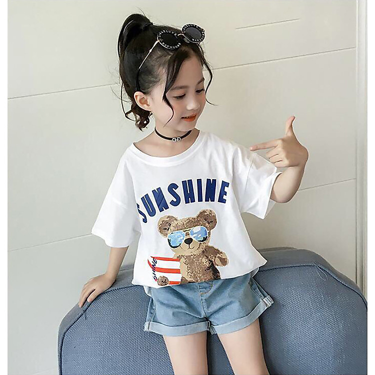 Áo thun bé gái 8 đến 32 kg in gấu croptop cho bé gái 6 tháng đến 10 tuổi từ tay ngắn cổ tròn 04130-04145