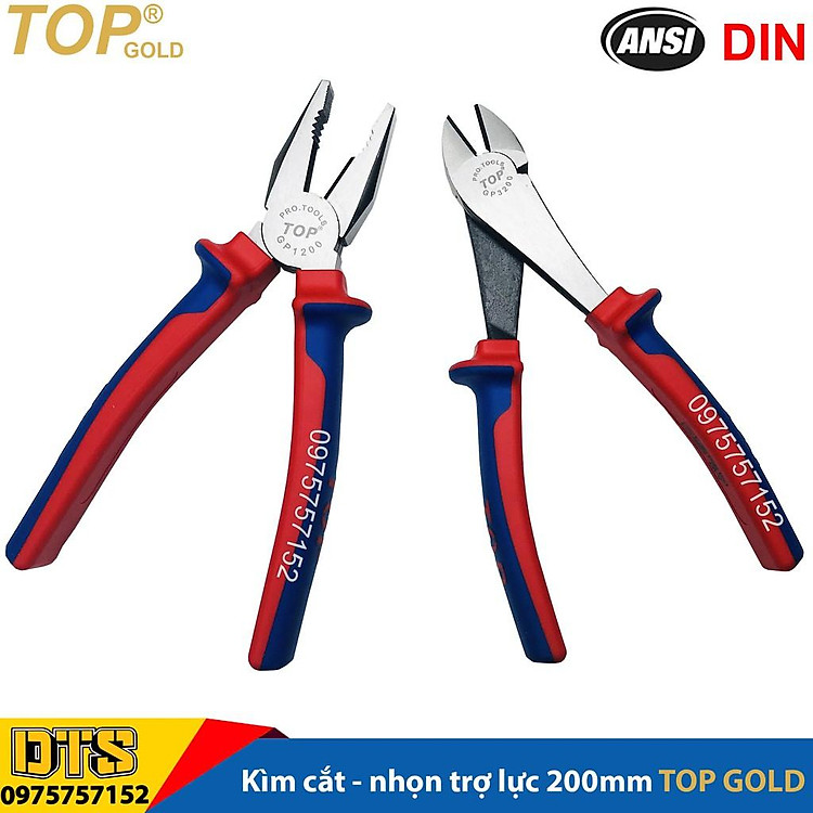 Bộ 2 kìm điện - cắt trợ lực chuyên nghiệp TOP GOLD 200mm, thép Hi-Cr cao cấp, thiết kế cộng lực tiết kiệm 50% lực bấm