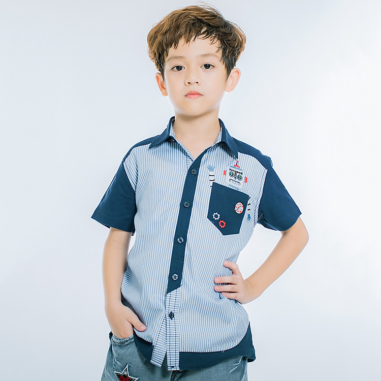 Áo Sơ Mi Tay Ngắn Bé Trai V.T.A.Kids 18111063 - Sọc Xanh - Trắng