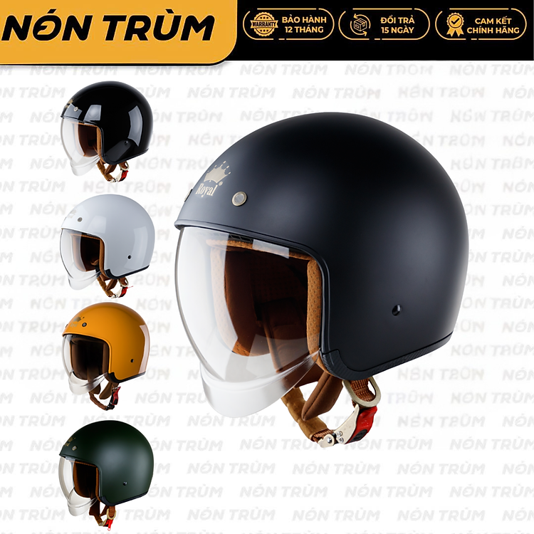 Mũ bảo hiểm xe máy 3/4 kính âm Royal M139 màu trơn, kính âm màu trà hạn chế chói nắng, nhiều size cho nam và nữ