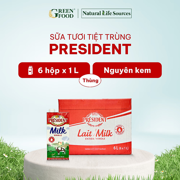 Thùng 6 Hộp Sữa tươi tiệt trùng nguyên kem cao cấp President không đường | Hộp 1L - Nhập khẩu chính hãng từ Pháp