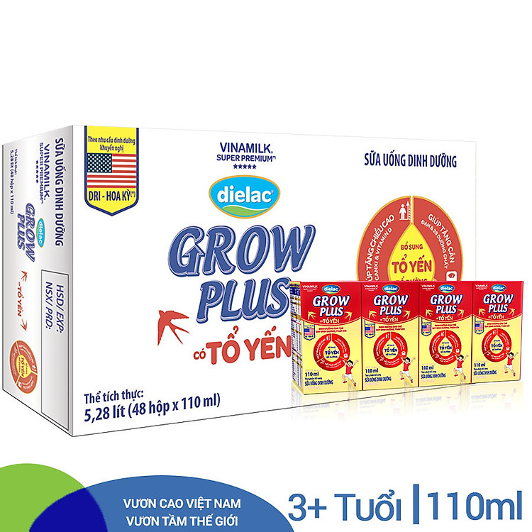 Thùng 48 Hộp sữa bột pha sẵn Vinamilk Dielac Grow Plus có tổ yến 110ml