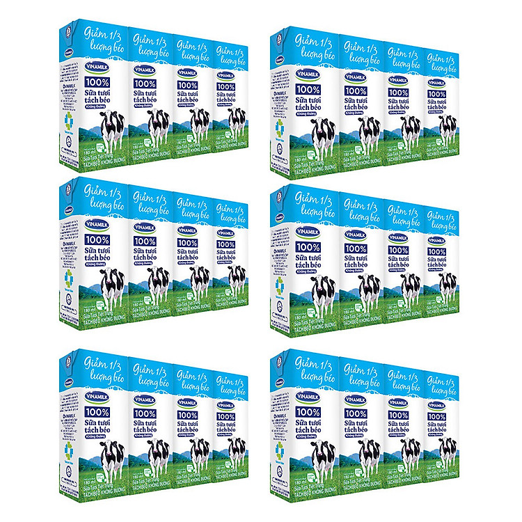 COMBO 6 LỐC SỮA TƯƠI TIỆT TRÙNG VINAMILK 100% TÁCH BÉO KHÔNG ĐƯỜNG - LỐC 4 HỘP X 180ML