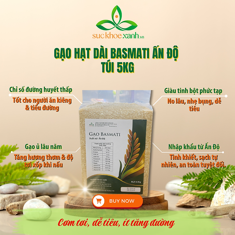Gạo Basmati 1509 Ấn Độ Túi 5kg Chính Hãng – Hạt Dài, Tơi Xốp, Thơm Tự Nhiên, Ít Đường, Nhẹ bụng, Giàu giá trị dinh dưỡng, Phù Hợp Ăn kiêng, Eat Clean