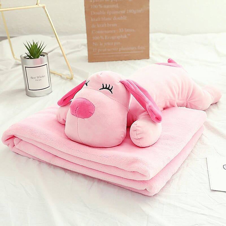 Gối mền CHÓ HỒNG Lười,chức năng 3 trong 1, chăn gối gấu bông kèm mền ngủ trưa văn phòng