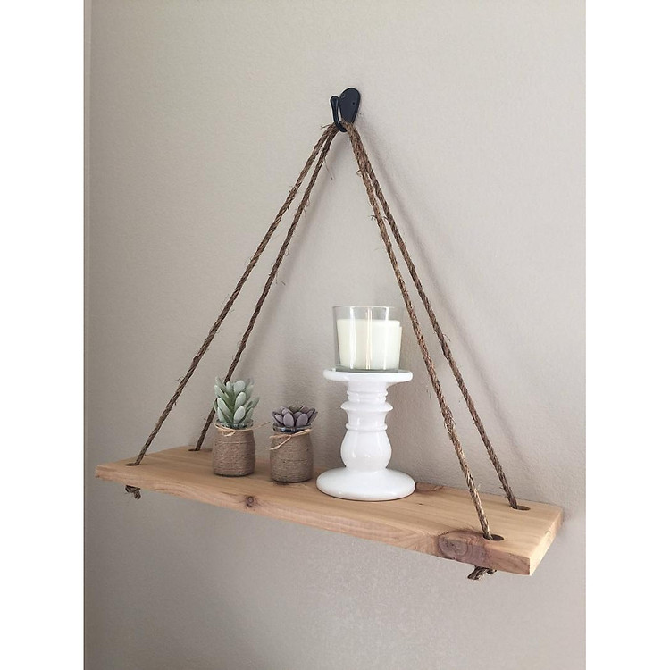 Kệ 1 Tầng Nhỏ Xinh Bằng Dây Treo Tường Gỗ Thông Tự Nhiên Kết Hợp Vòng Kim Loại - Kích thước: 40x11cm (Kệ Không Bao Gồm Các Sản Phẩm Khác)
