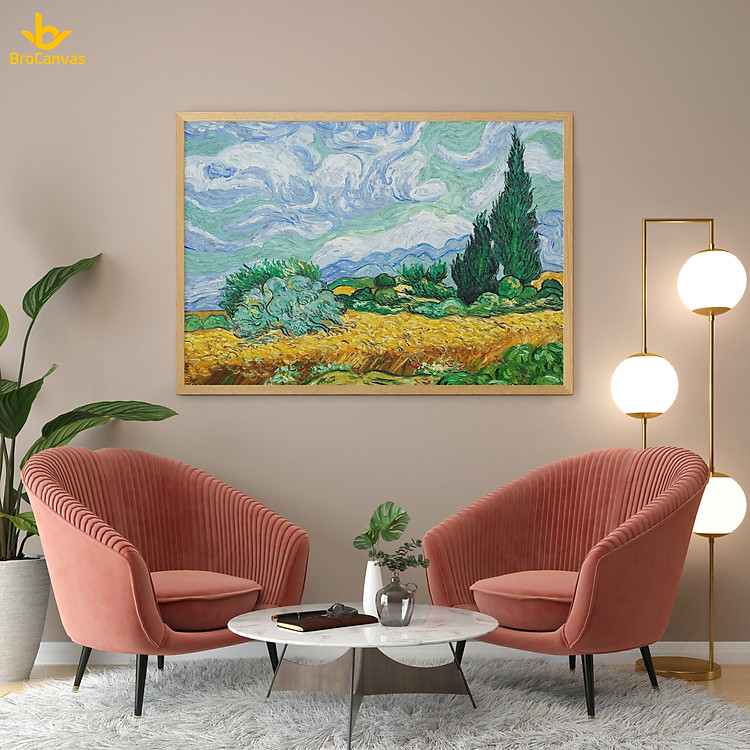 Tranh in canvas trang trí treo tường - Cánh đồng lúa mì xanh " Van Gogh "