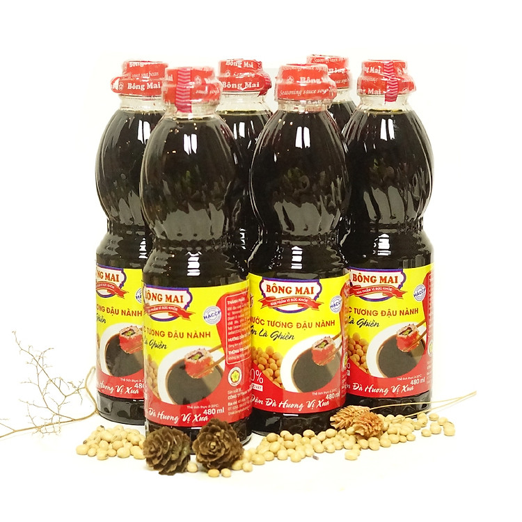 Lốc 6 chai nước tương đậu nành truyền thống Bông Mai (480ml x 6) - Đậm đà hương vị xưa