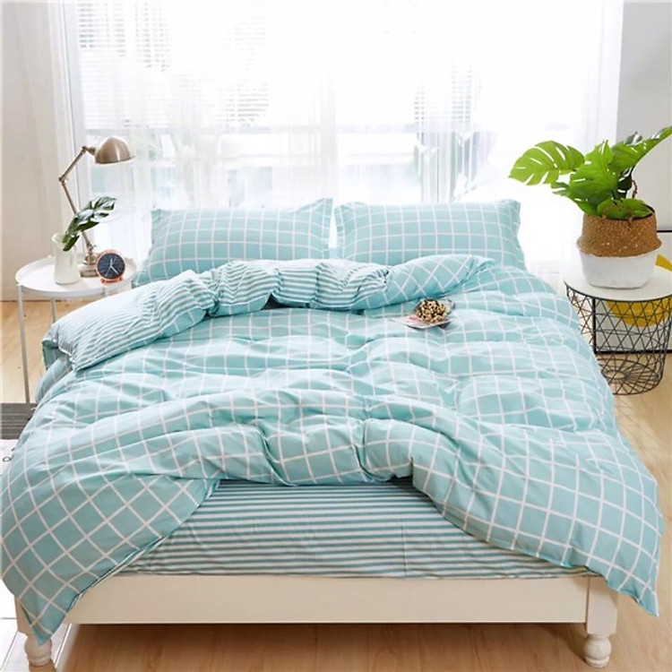 Bộ chăn ga gối cotton PL1 - Kẻ Ô Xanh - Tặng 1 móc khóa Houston