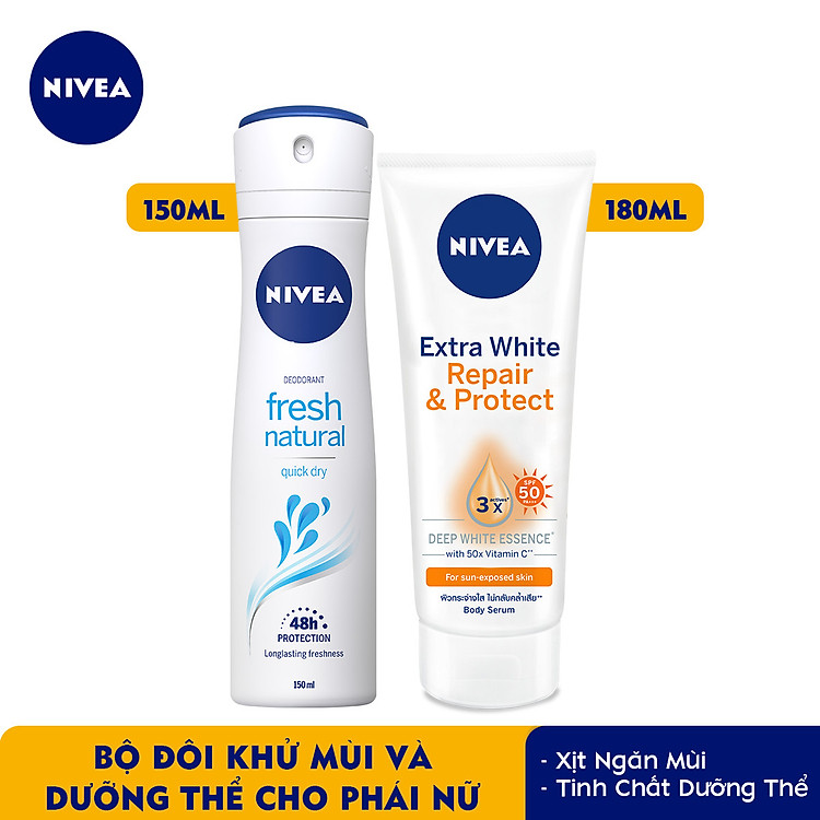Bộ đôi Xịt Ngăn Mùi NIVEA Fresh Nature Tươi Mát Tự Nhiên (150ml) - 81601 & Tinh Chất Dưỡng Thể Dưỡng Trắng NIVEA Ban Ngày Giúp Phục Hồi & Chống Nắng SPF50 (180ml) - 88314