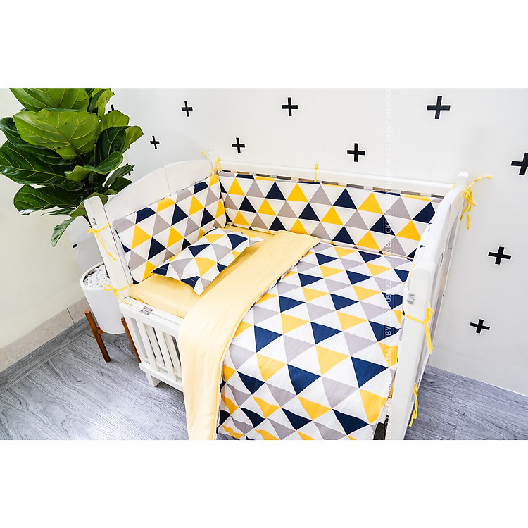 4 tấm quây cũi và ga chun cotton mẫu tam giác