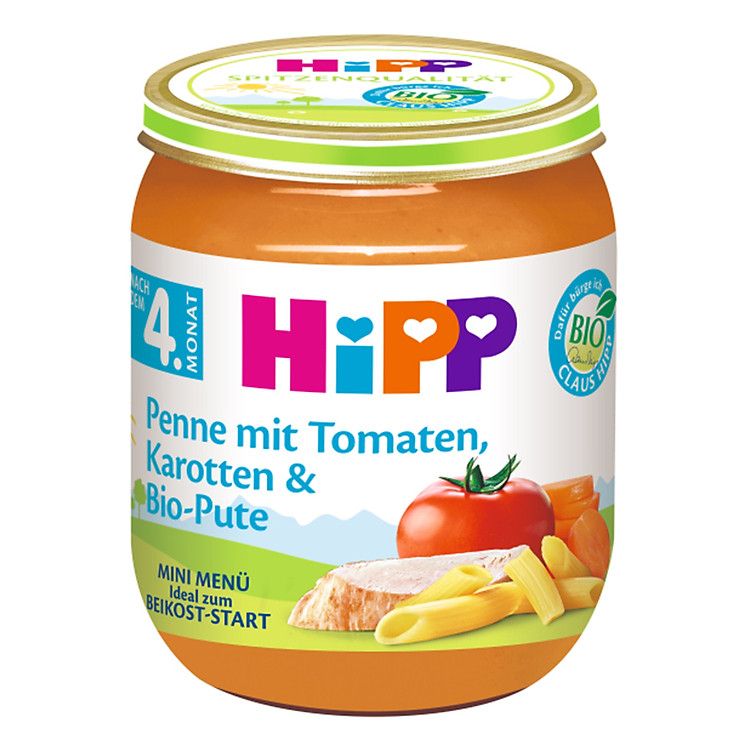 Dinh Dưỡng Đóng Lọ Mỳ Ống, Gà Tây Xốt Cà Chua, Cà Rốt HiPP 6091 125g