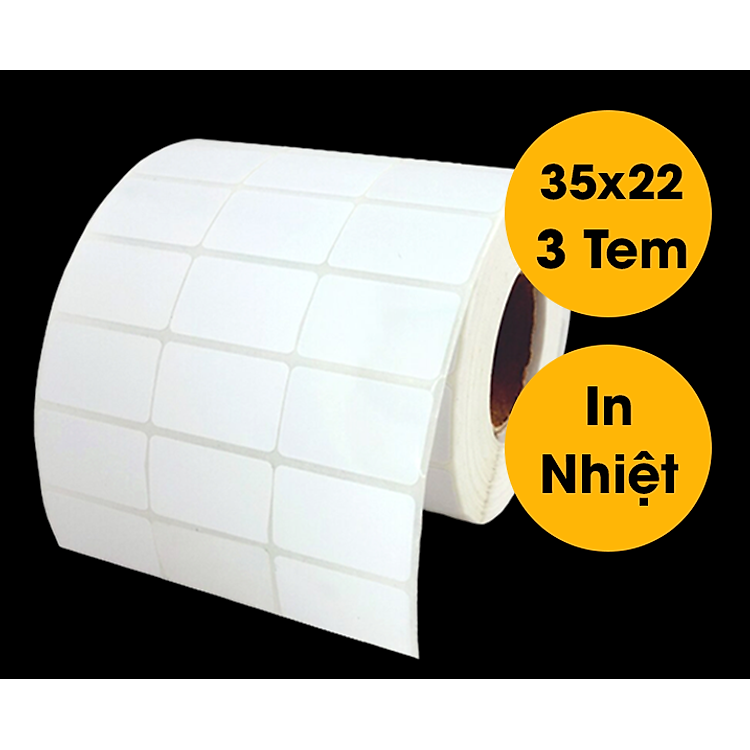Giấy in nhiệt 35x22 3 tem/ hàng (50m), Cuộn decal in mã vạch 3 tem/ hàng, decal nhiệt 3 tem 35x22