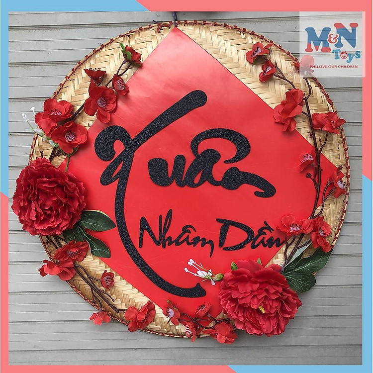 Mẹt tre Xuân Quý Mão 2023 treo trang trí decor Tết đường kính 50cm chữ phủ nhũ lấp lánh