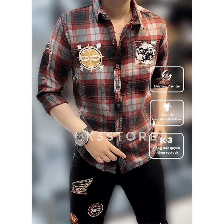 Áo sơ mi tay dài nam sọc caro thêu logo evisu was ẩn đỏ đen chất kaki dày dặn hàng thêu logo full áo K3 STORE S2519