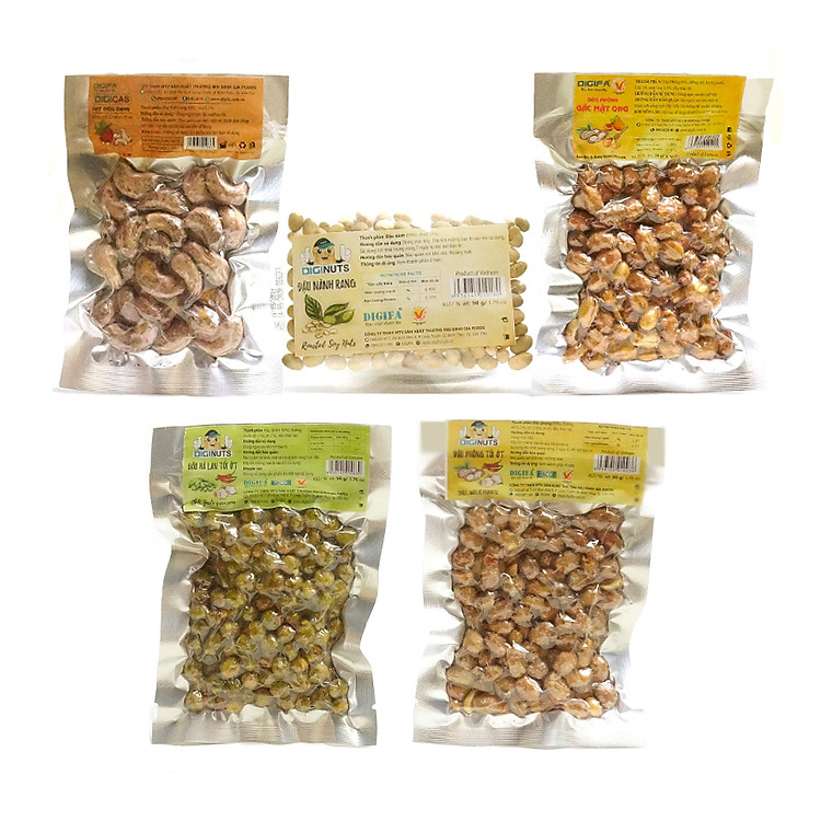 Combo 5 loại hạt Diginuts (Đậu hà lan tỏi ớt + Hạt điều vỏ lụa + Đậu phộng gấc mật ong + Đậu nành rang + Đậu phộng tỏi ớt) (tổng trọng lượng 250g)