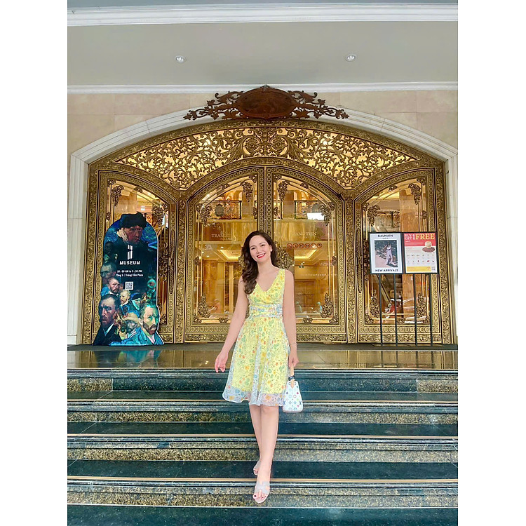 Đầm Xoè Nữ Tính, Thanh Lịch Soleil DRE218Floral hoa vàng thời trang thiết kế Hity