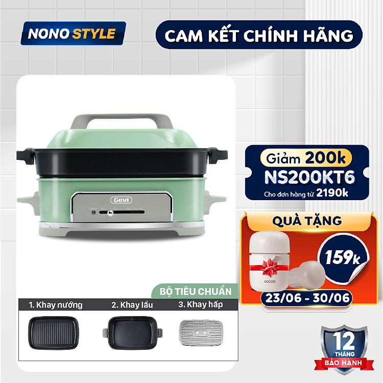 Nồi Lẩu Điện Cao Cấp Gevi GEMFC703-V - Có 3 khay hấp, nướng, lẩu dung tích 3L riêng biệt - Hàng Chính Hãng