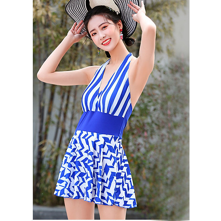 Áo bơi nữ điệu đà kẻ sọc váy ziczac xanh (ZICZAC- XANH)