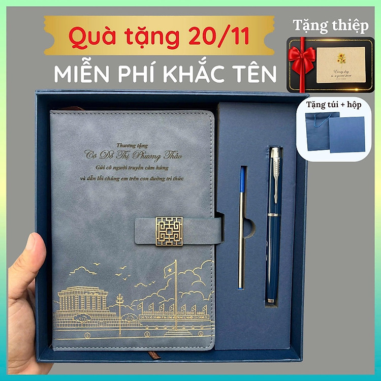Quà tặng - Sổ tay bút ký MIỄN PHÍ KHẮC TÊN ghi chép da PU+ túi hộp sang trọng 200 trang - B202