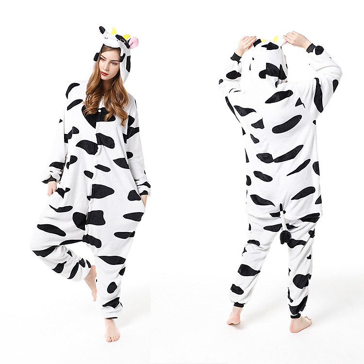 Bộ đồ ngủ hình thú bò sữa 1907 liền thân lông mịn Pijama Động Vật Hoạt Hình cho trẻ em người lớn Cosplay