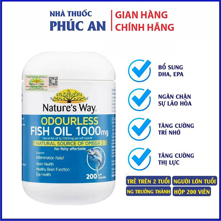Viên uống dầu cá Omega 3 Nature’s Way Odourless Fish Oil 1000mg 80 - 200 viên hỗ trợ tim mạch, bổ não, tăng cường thị lực