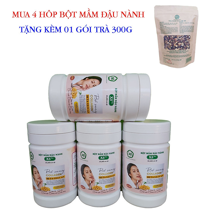 Combo 4 Hộp Bột Mầm Đậu Nành X5 Có Bổ Sung Collagen, Betaglucan (Tặng trà mầm ngũ cốc X5 -300gr)