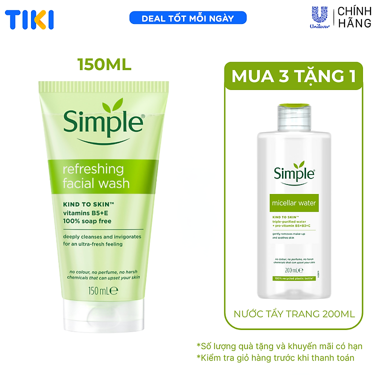 Sữa rửa mặt Simple giúp da sạch thoáng & không chứa xà phòng 150ml
